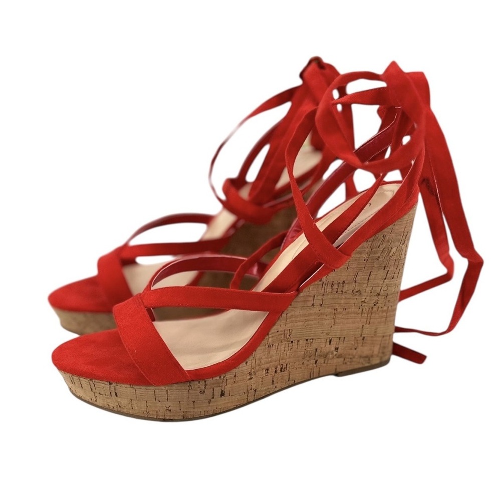 Guess Red Suede Cork Wedge Sandals